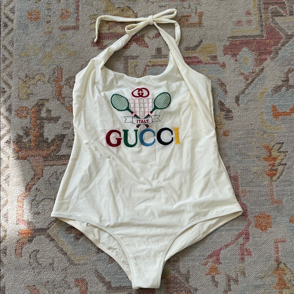 Gucci Ivory Halter Swimsuit with Multicolor Logo